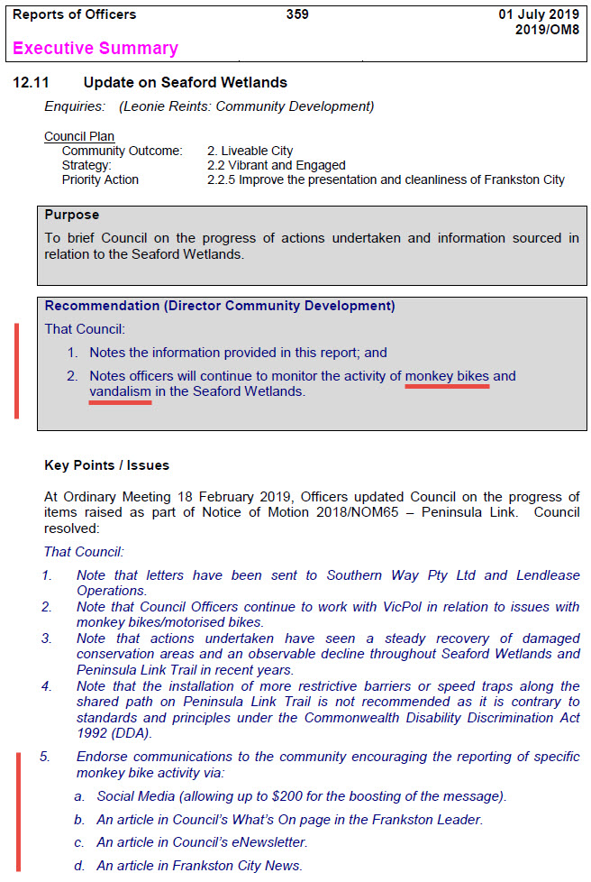 Seaford Wetlands - Monkey Bikes and Vandalism - FCC Agenda 20190701.jpg